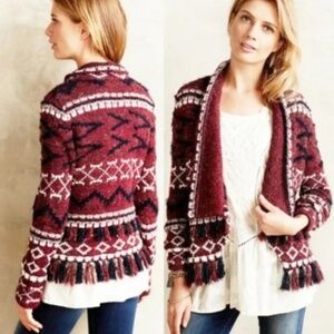 Anthropologie Moth Veras Fringed Cardigan Aztec Knit Sweater XS Burgundy